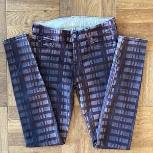 7 For All Mankind never worn burgundy laser plaid print skinny jeans, coated, 27